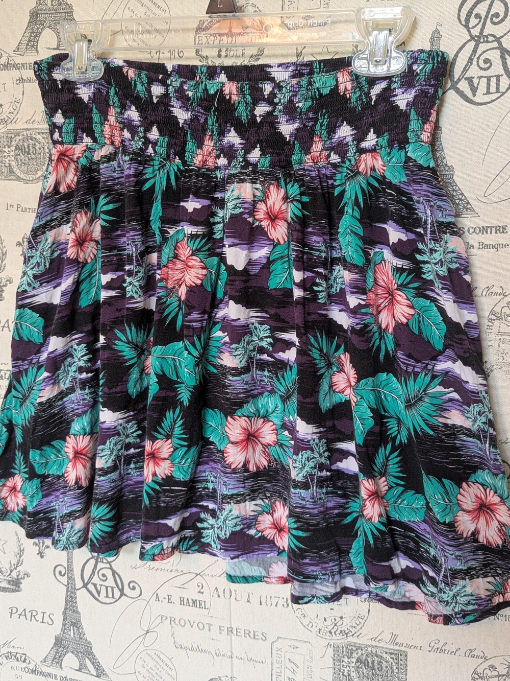 Smocked Waist Hibiscus Palm Circle Skirt - Black, Teal & Pink Size L